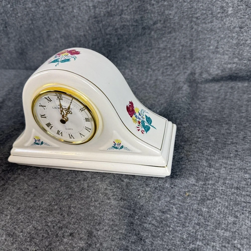 Vintage Laura Ashley Floral Mantel Clock White Ceramic Quartz Analog Table Decor